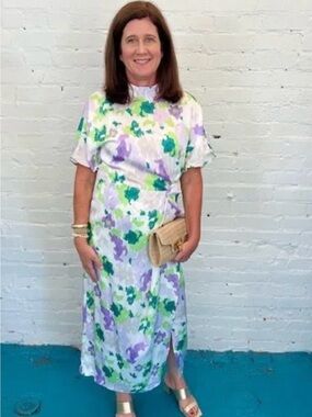 Fate Floral Midi Dress in Lavender, Green and White